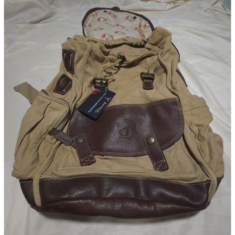 Barrington Canvas Leather Rucksack Backpack Tan Brown Delta SkyMiles Tag - Picture 2 of 10
